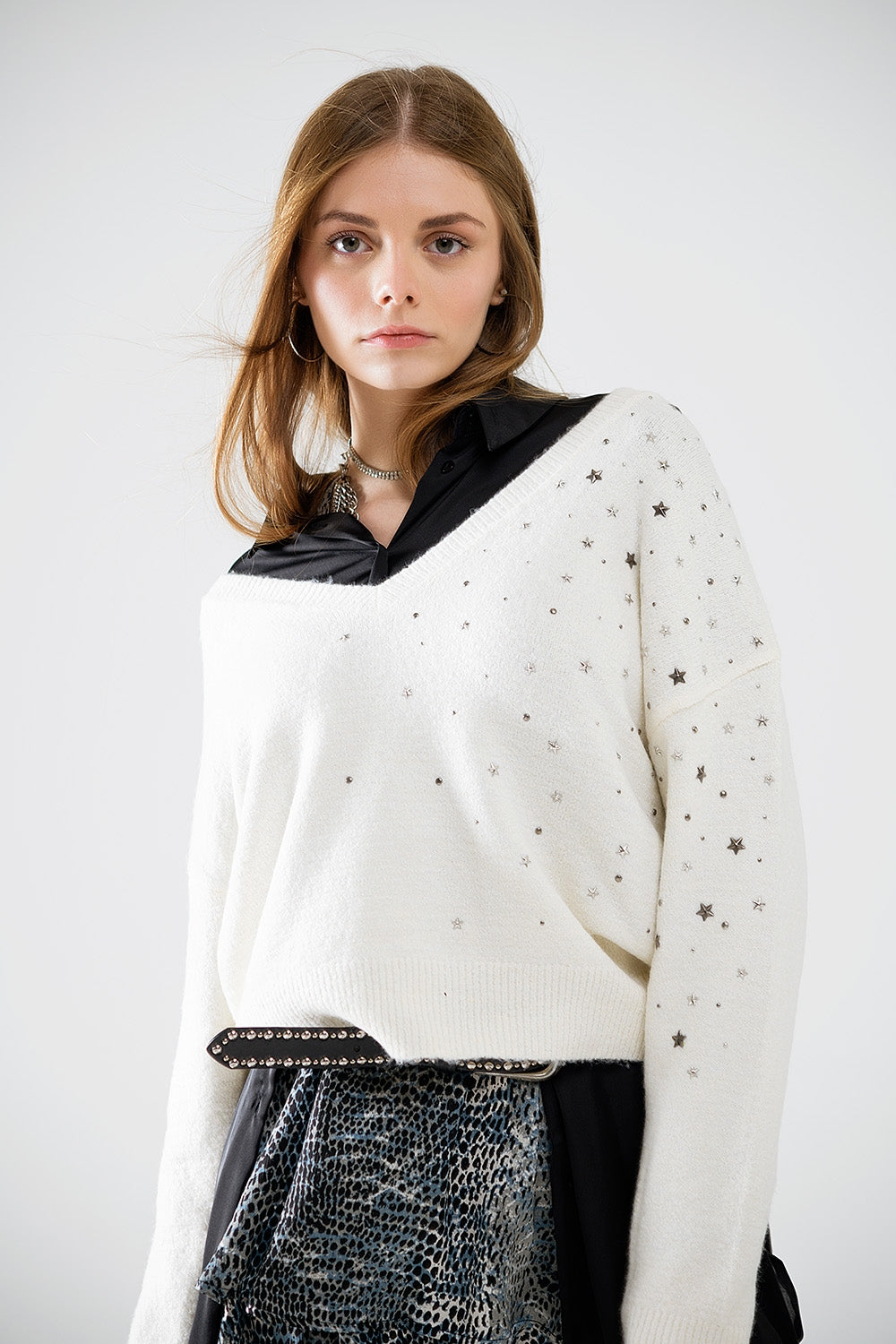 V-neck Sweater Embellished with Metallic Stars