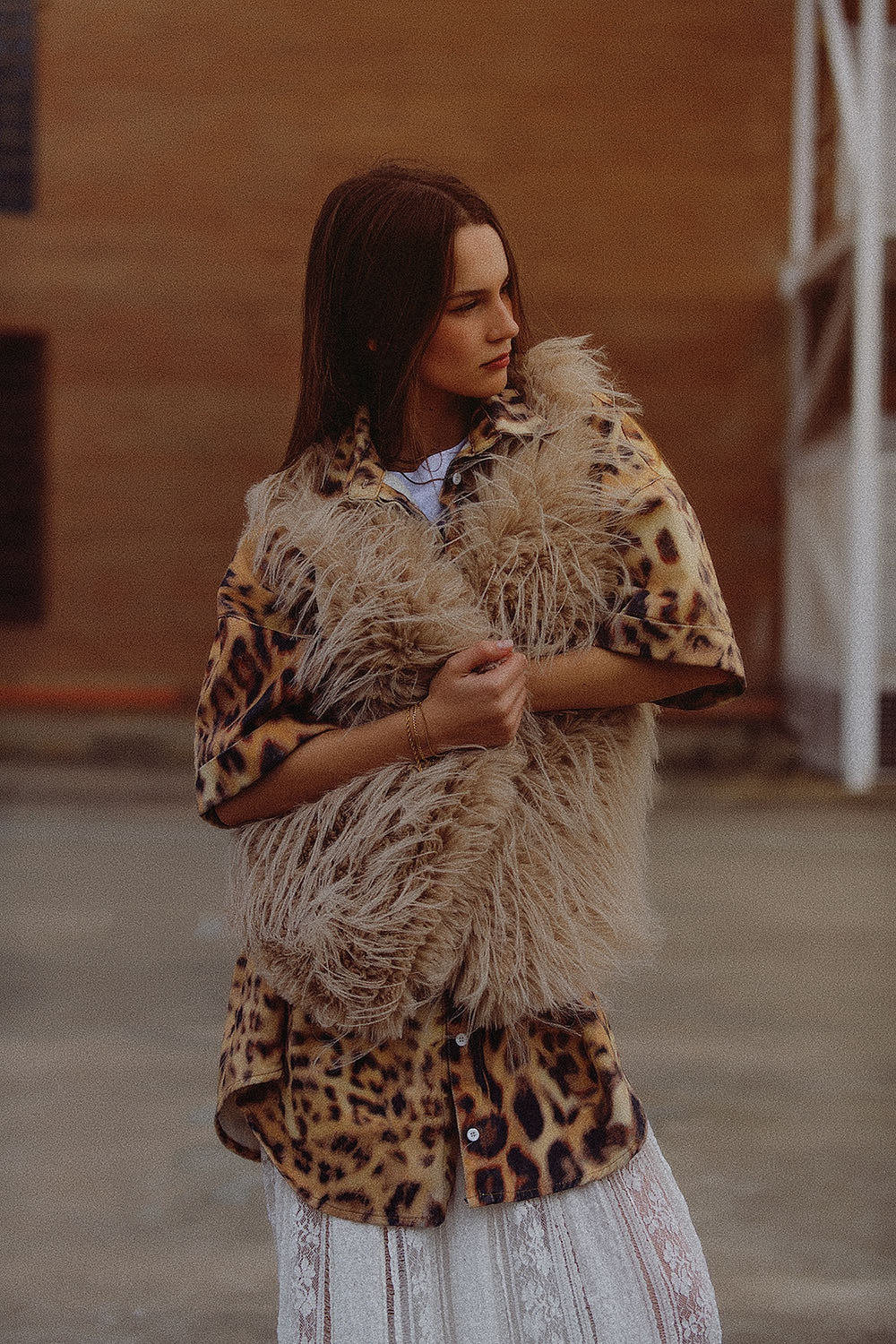 Vest in Beige in Long Fur