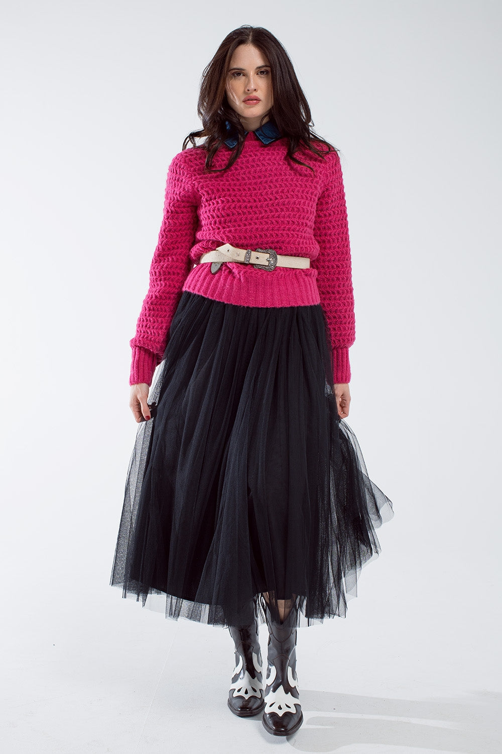 Waffle Knit Relaxed Jumper with High Neck in Red