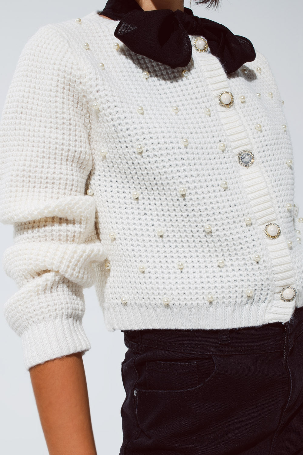 White Waffle Knit Cardigan with Embellished Pearls and Jeweled Buttons