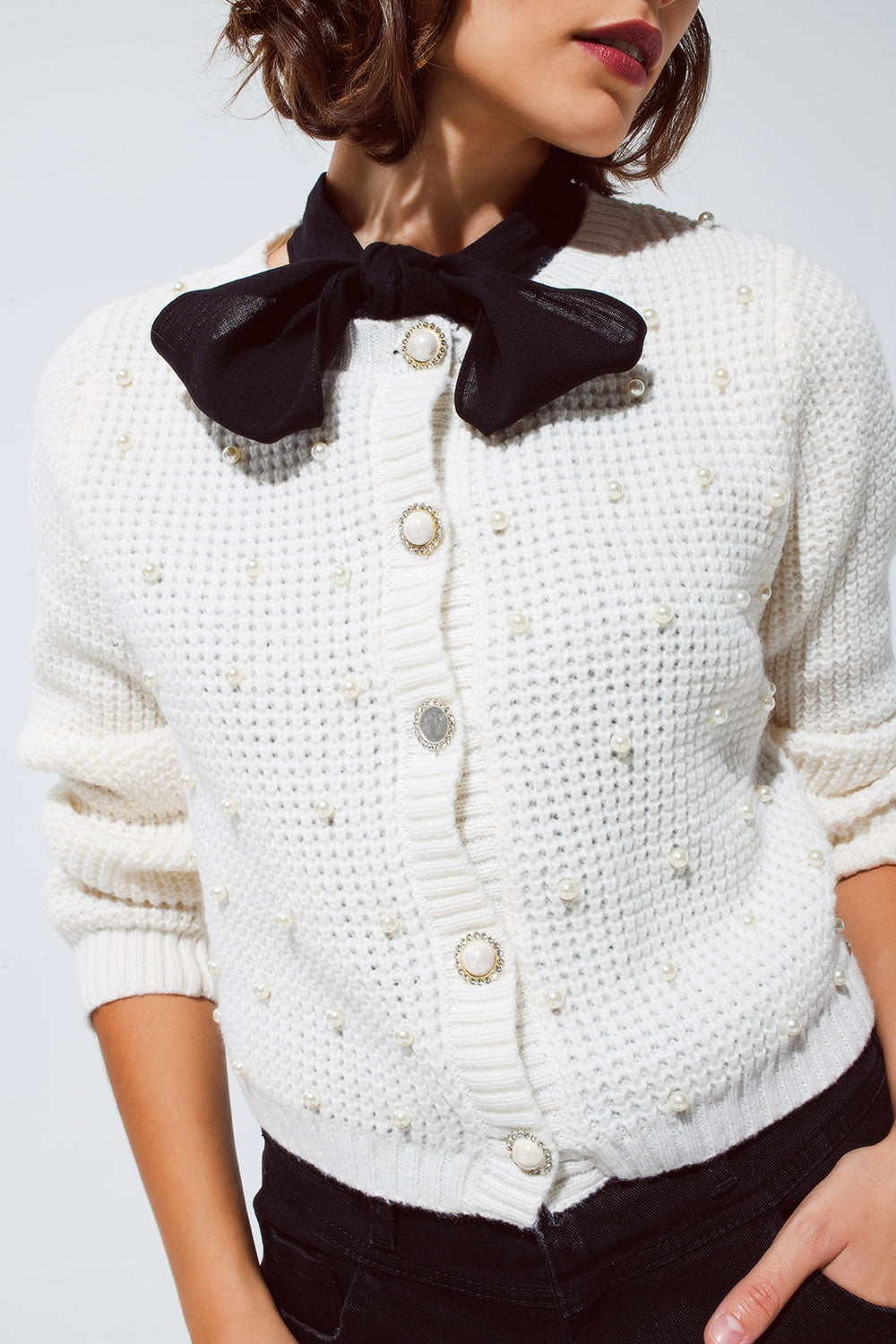 White Waffle Knit Cardigan with Embellished Pearls and Jeweled Buttons