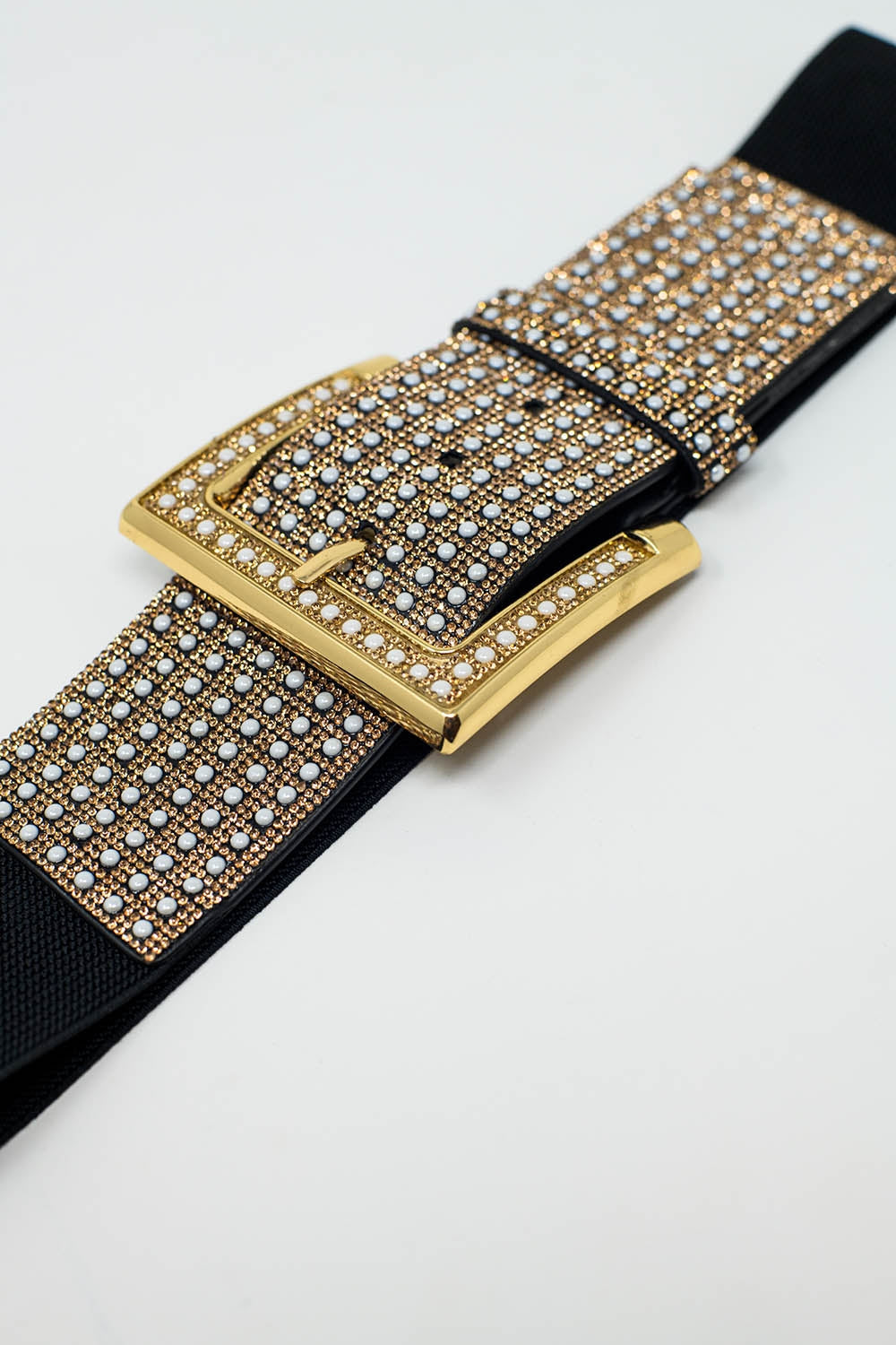 Wide Black Belt With Studded Strass Design And Squared Buckle