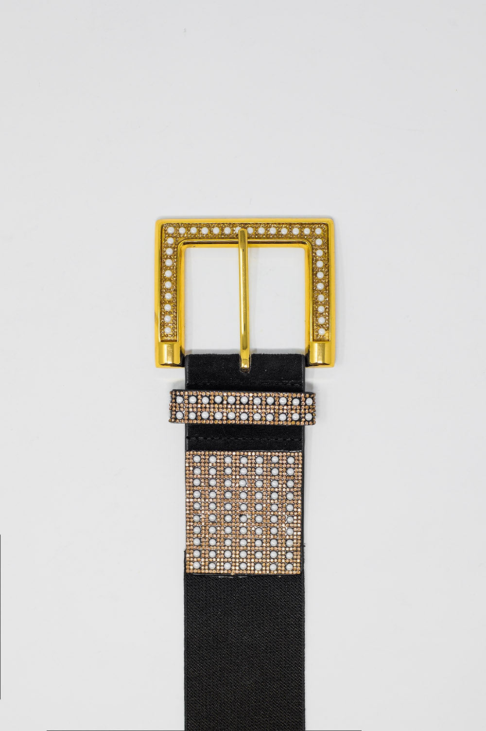 Wide Black Belt With Studded Strass Design And Squared Buckle