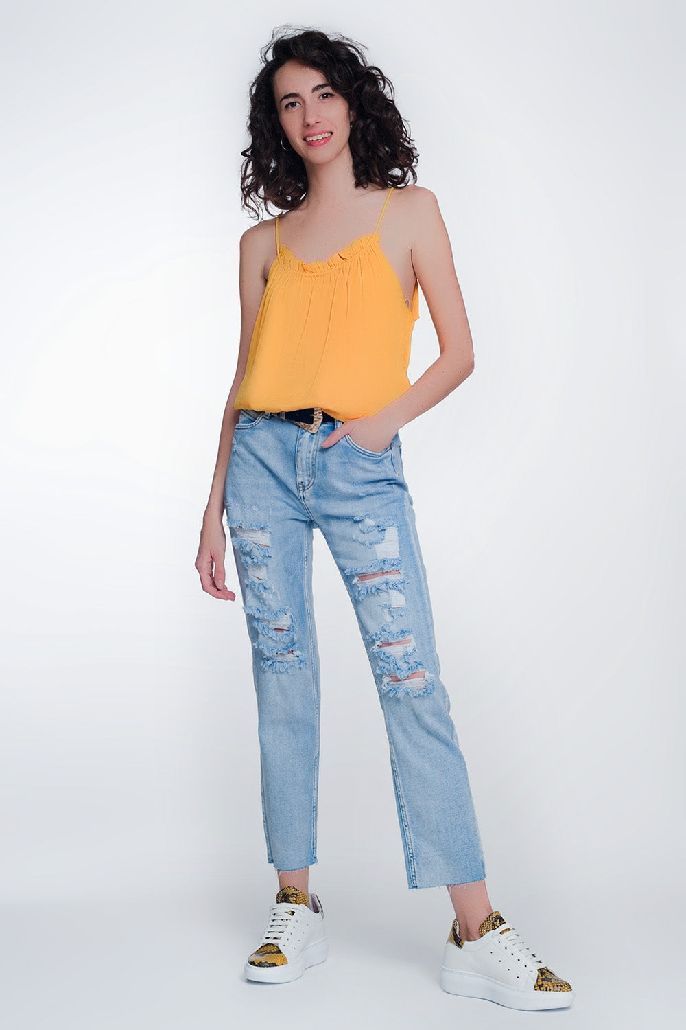 Wide Leg Cropped Raw Hem Jeans in Blue Color