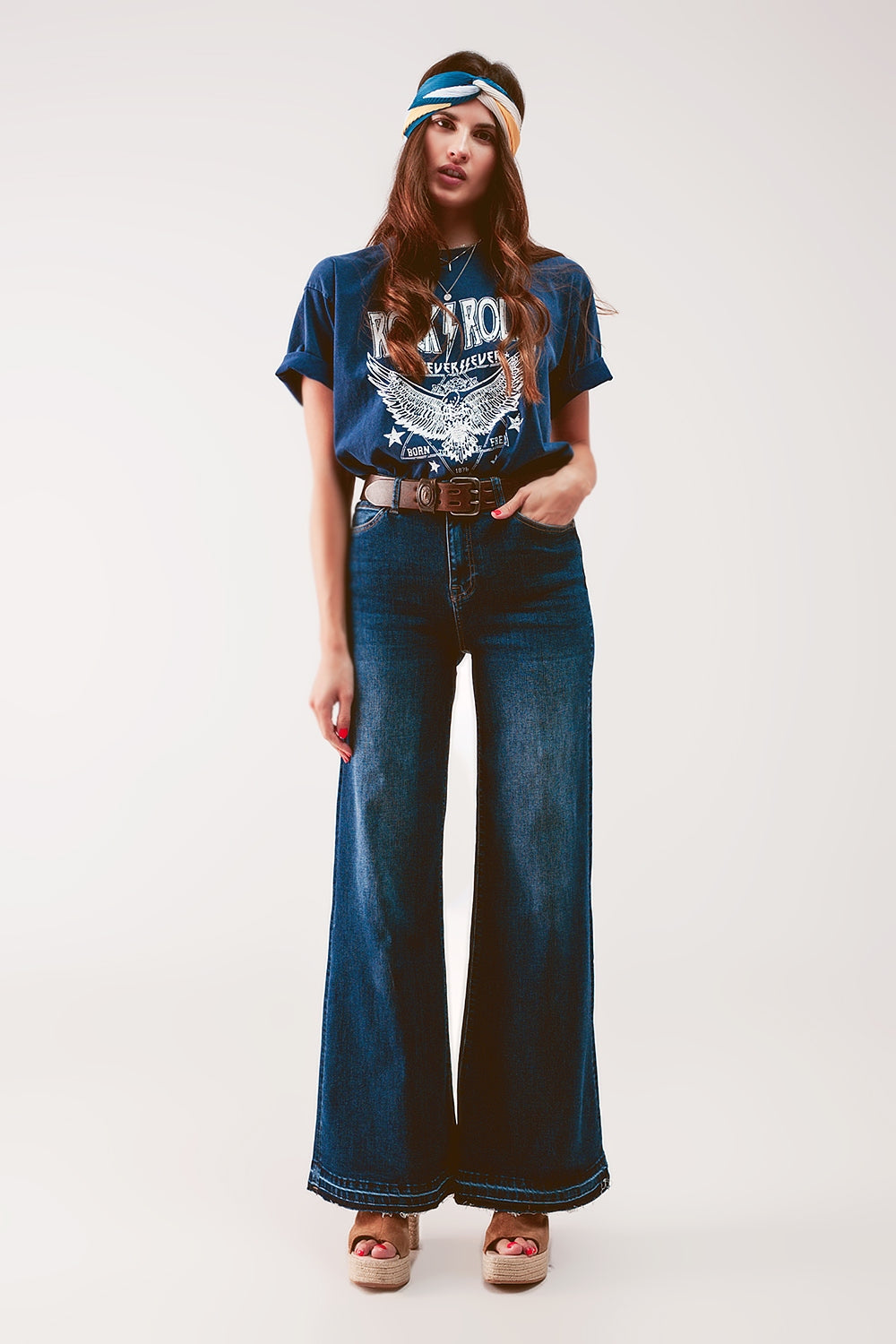 Wide Leg Palazzo Jeans in Medium Blue