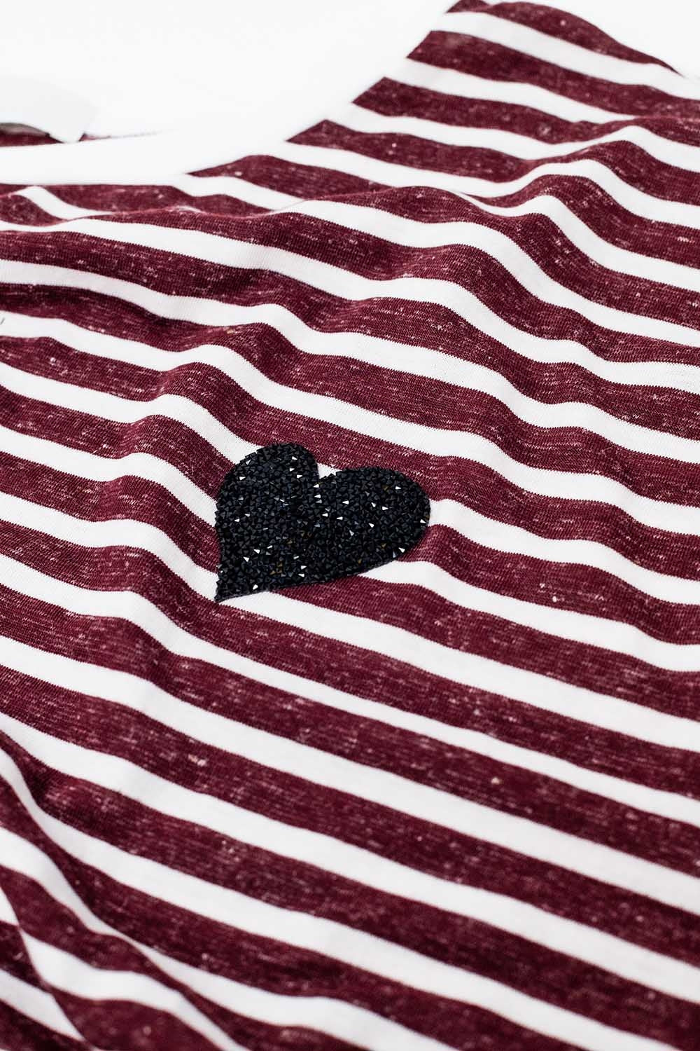 Wide Striped Burgundy T-Shirt with Sequin Heart Decoration