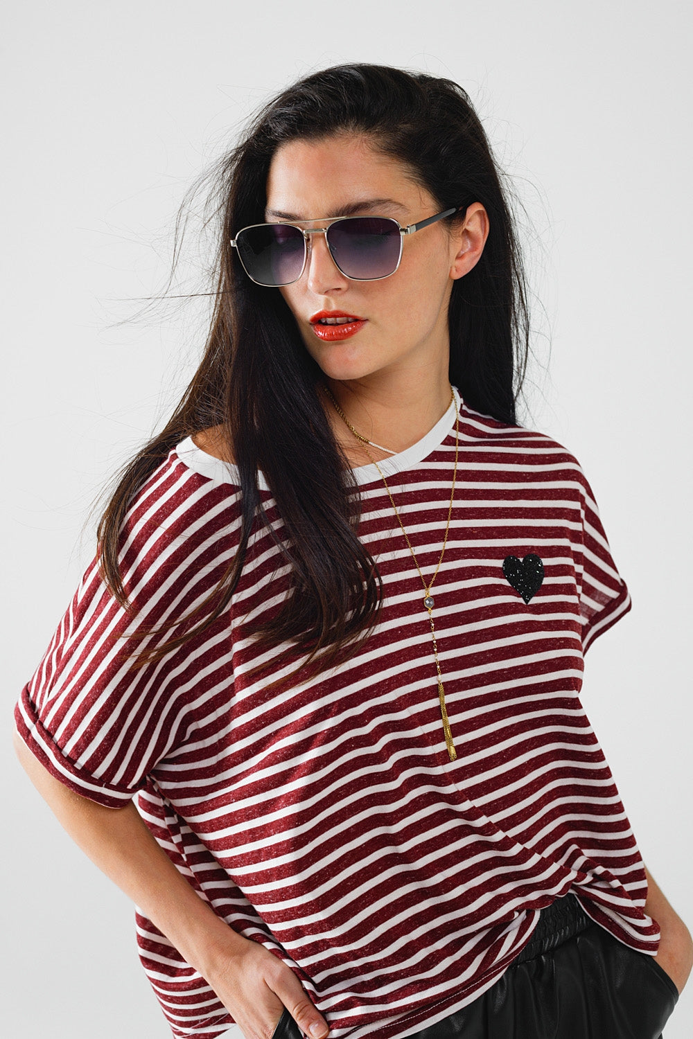 Wide Striped Burgundy T-Shirt with Sequin Heart Decoration