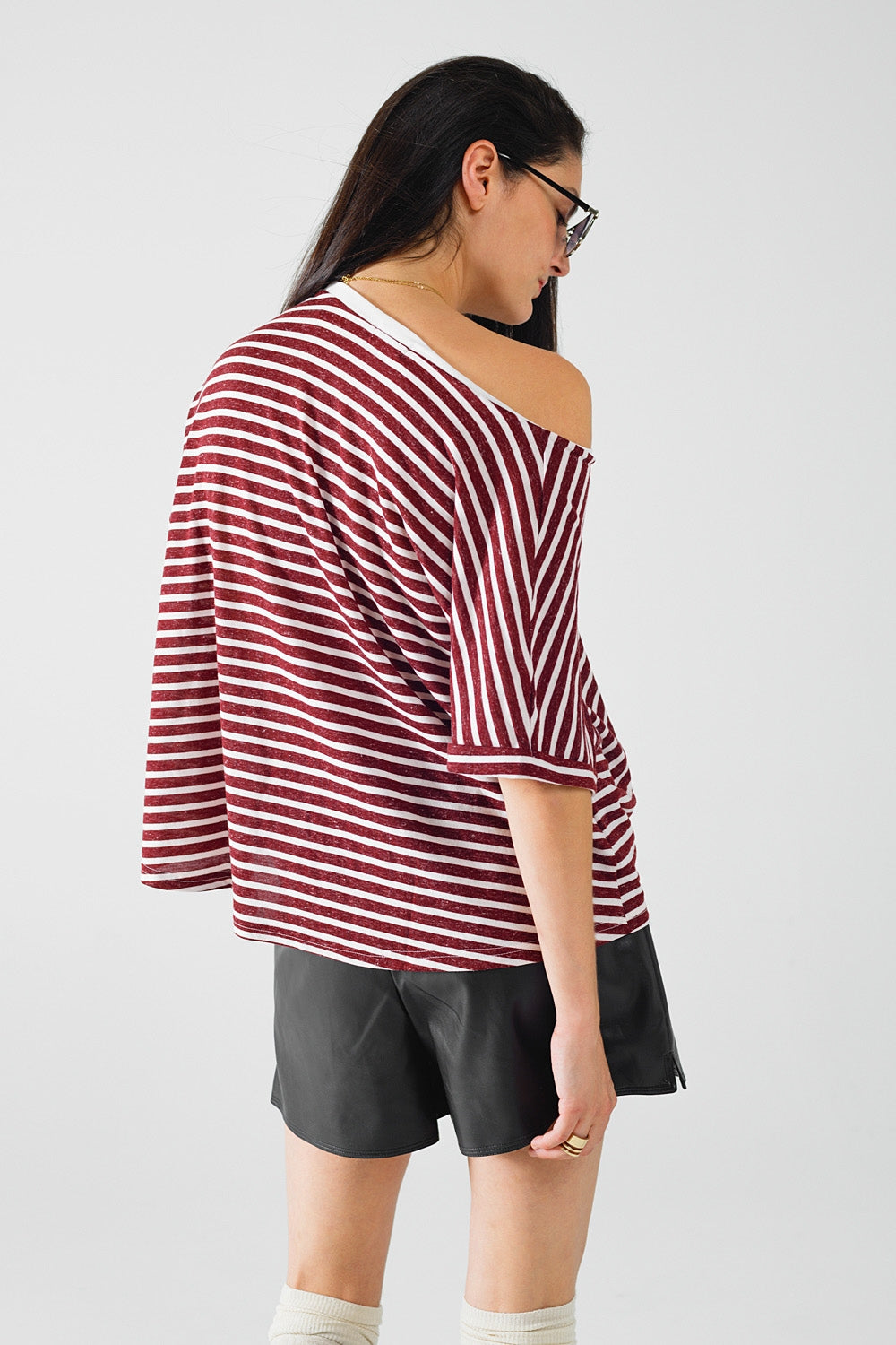 Wide Striped Burgundy T-Shirt with Sequin Heart Decoration