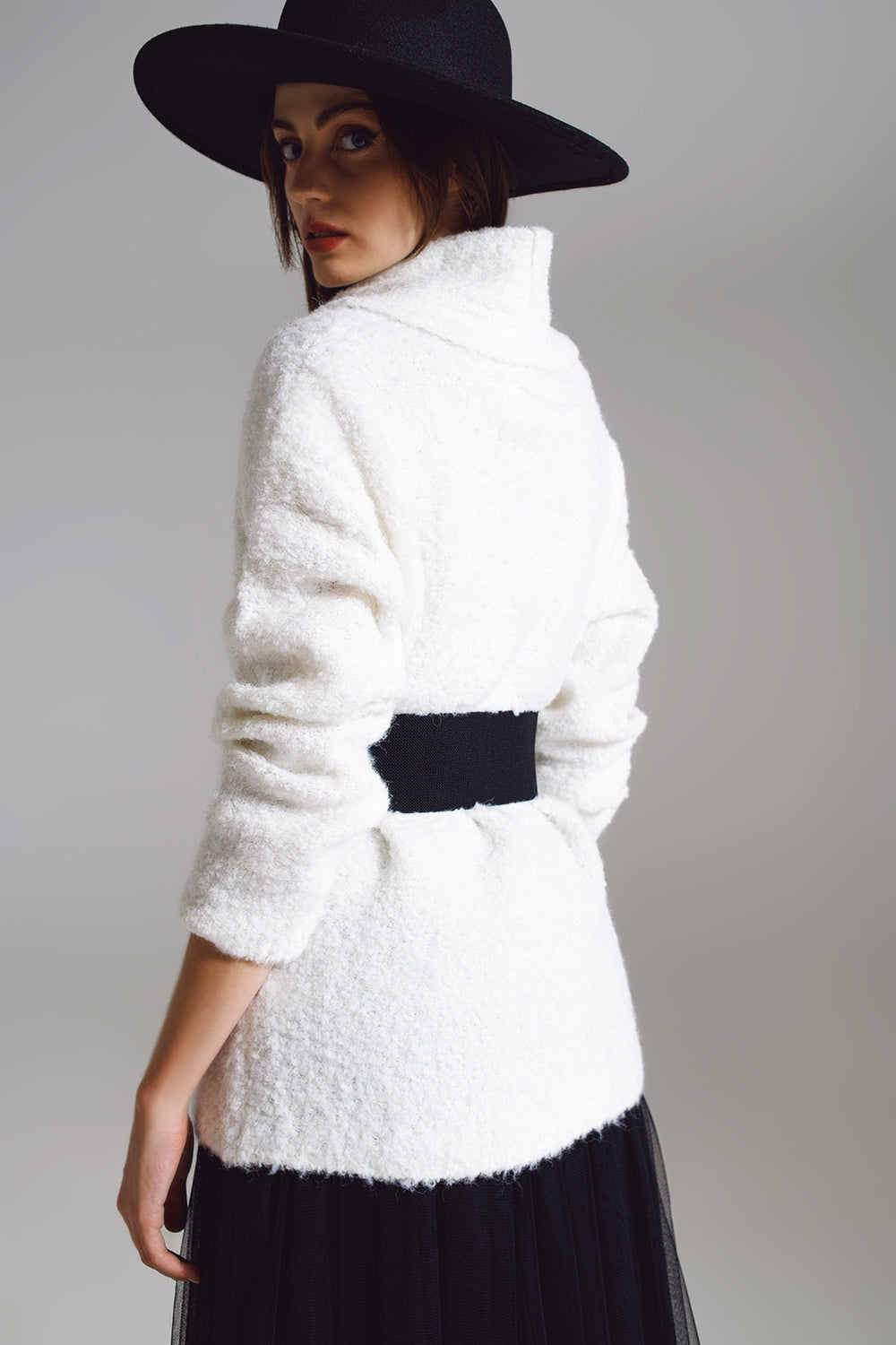 Wide Sweater with Bardot Neck in White