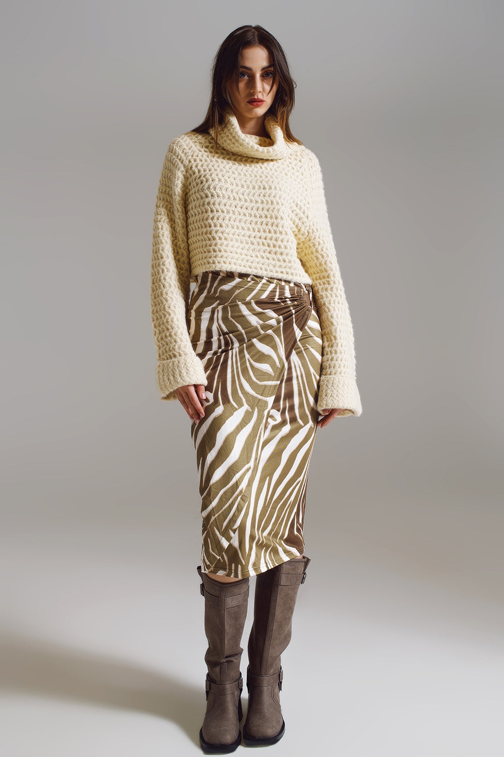 Wrap Skirt with Gathered Detail at the Side in Olive Green and Cream Zebra Print