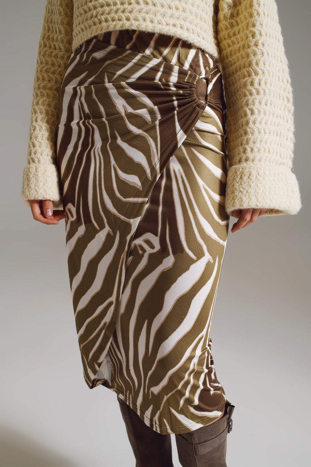 Wrap Skirt with Gathered Detail at the Side in Olive Green and Cream Zebra Print