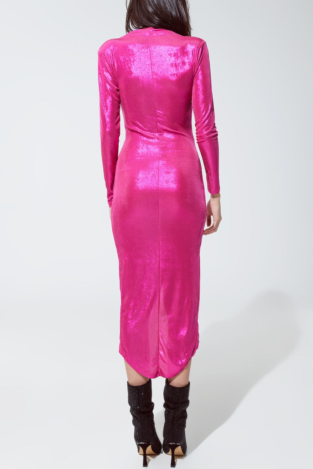 Wrapped Party Dress With Plunge Neckline in Metallic Pink