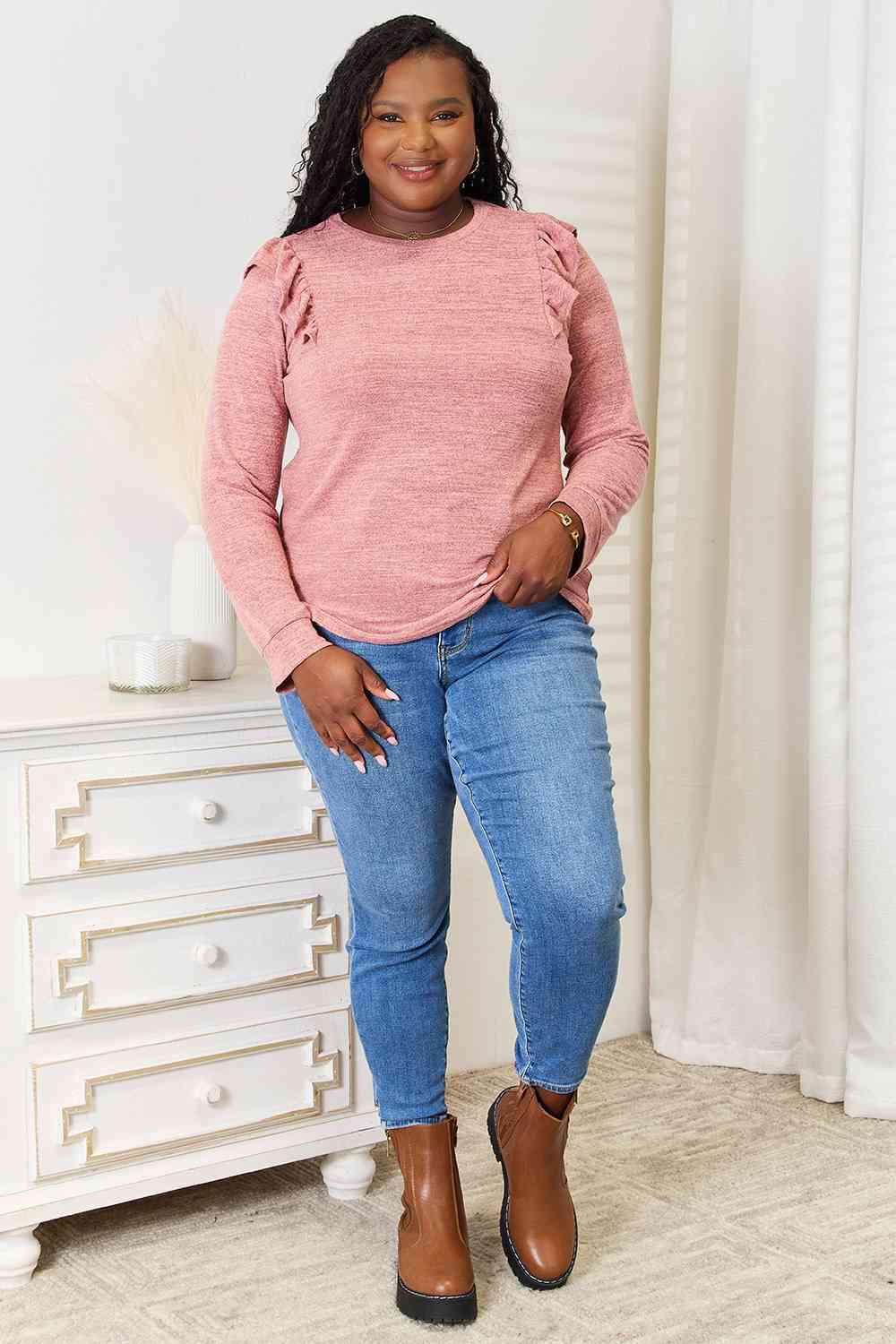 Ruffle Shoulder Long Sleeve Tee