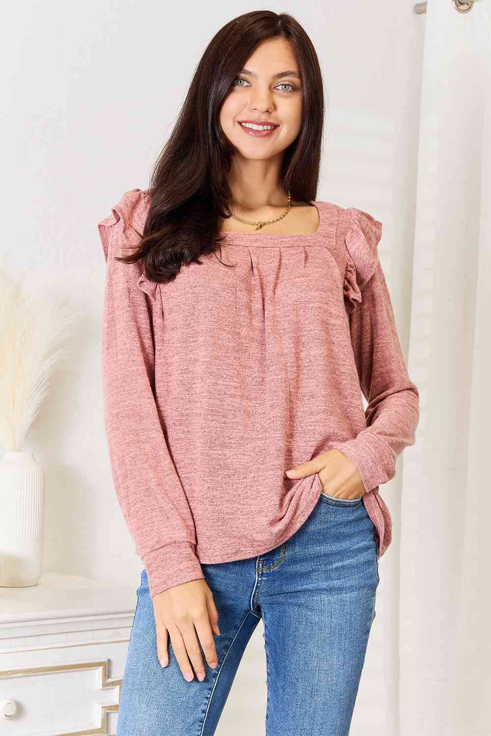 Square Neck Ruffle Shoulder Tee