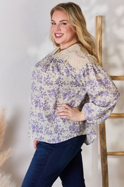 Neckline Lace Detail Printed Blouse