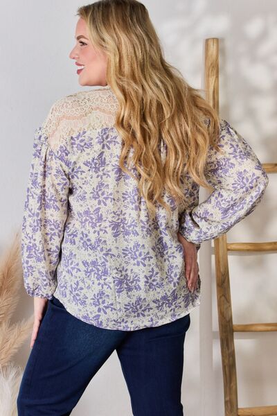 Neckline Lace Detail Printed Blouse