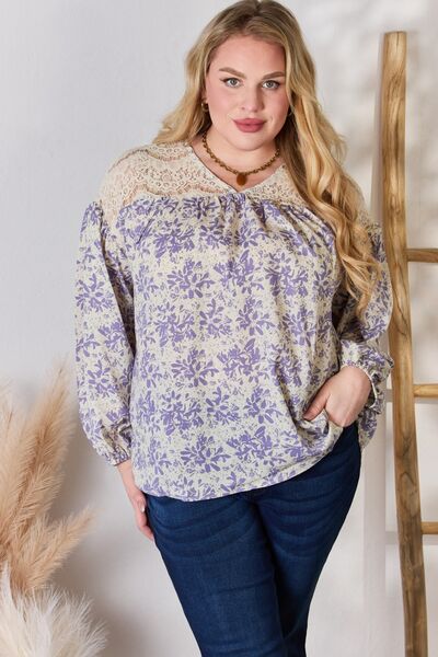 Neckline Lace Detail Printed Blouse