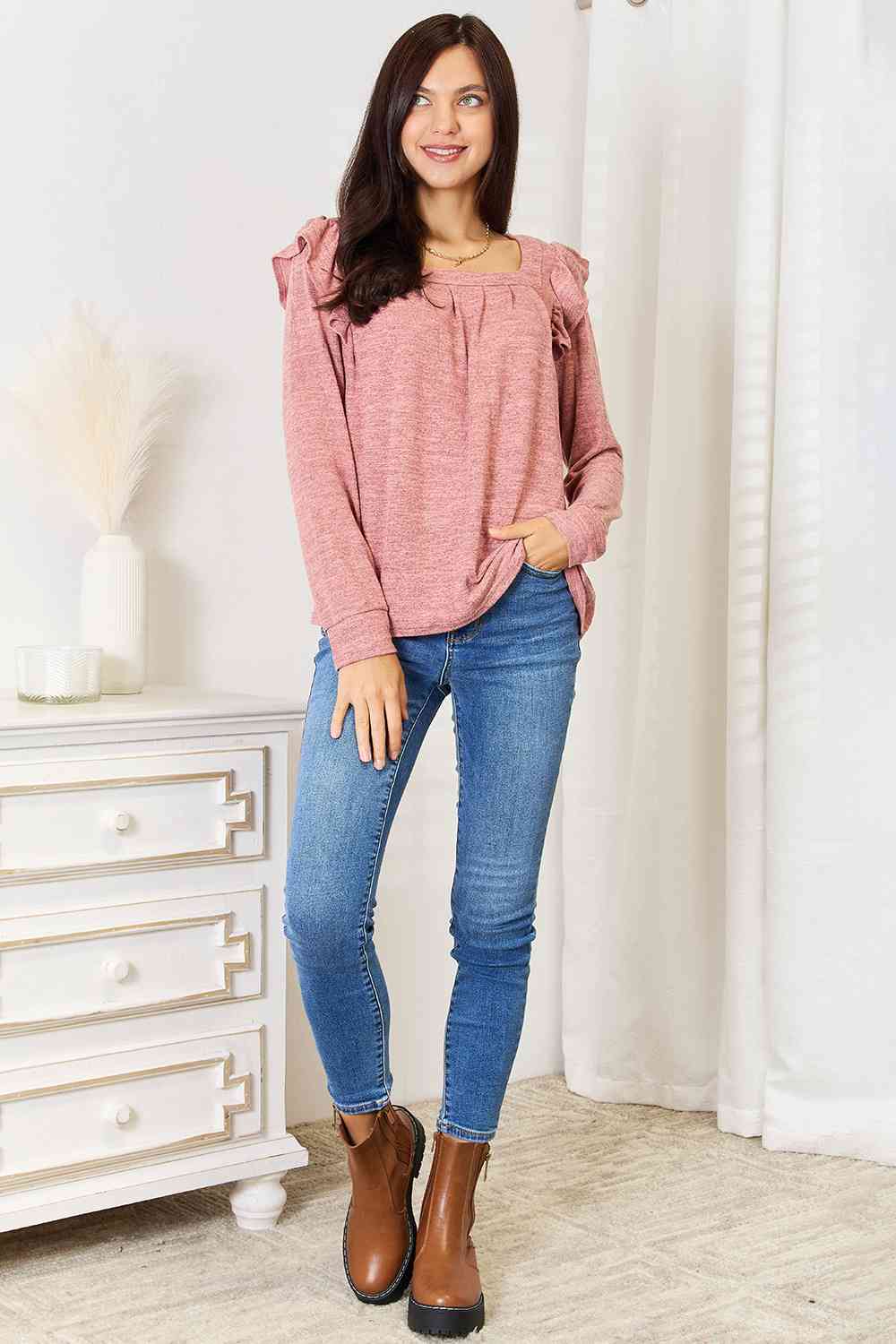 Square Neck Ruffle Shoulder Tee