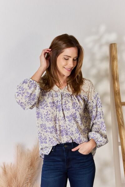 Neckline Lace Detail Printed Blouse