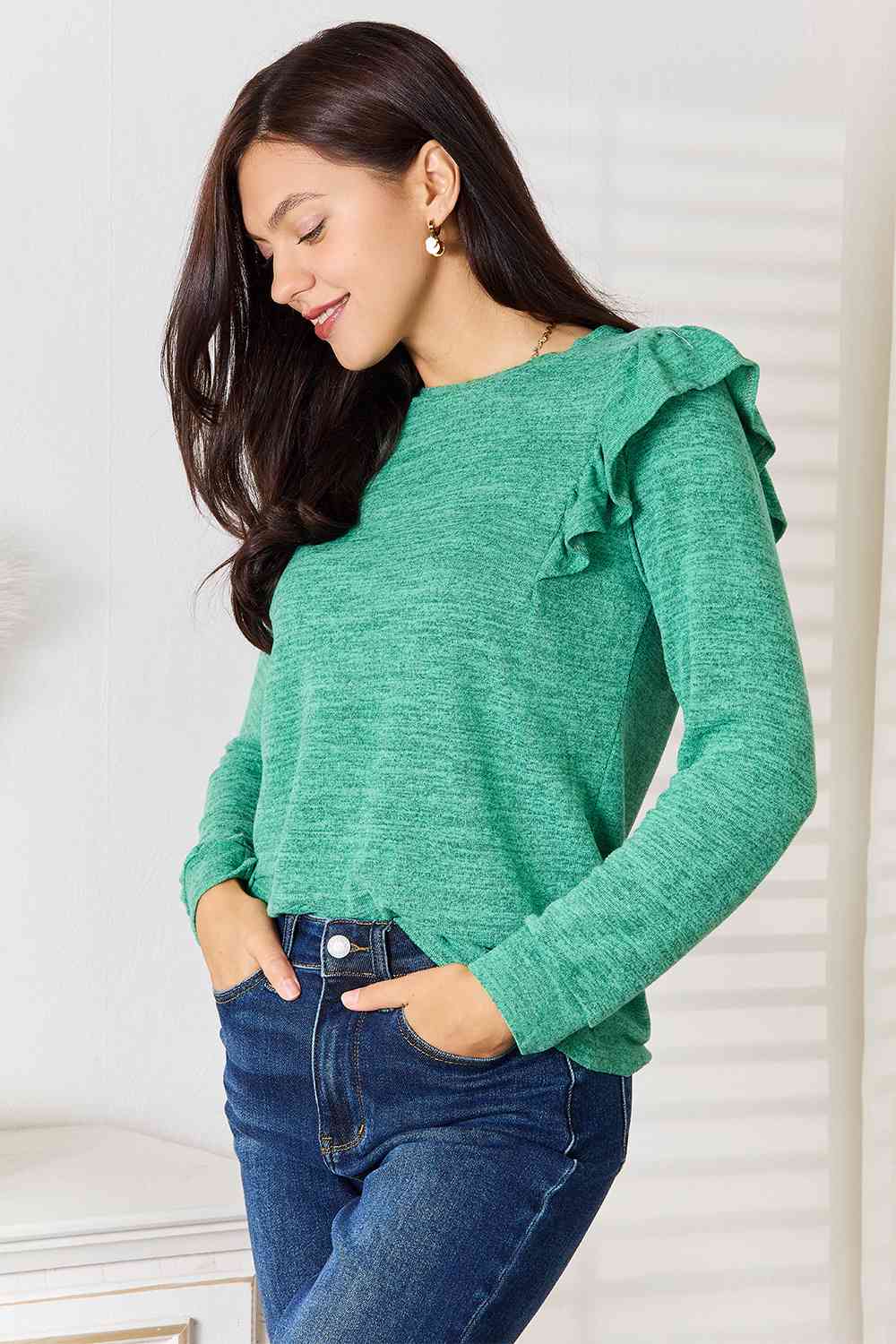 Ruffle Shoulder Long Sleeve Tee